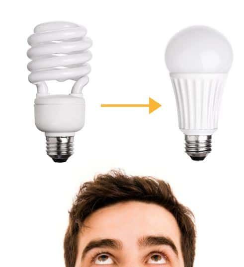 Comparison of a spiral CFL bulb and a round LED bulb above a man's head.
