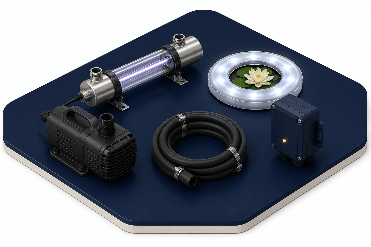 UV pond clarifier, pump, hose, and pond light shown for pond maintenance.