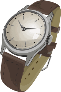 A stylish wristwatch with a metallic case and brown leather strap.