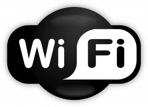 Black circular background featuring the word WiFi in white letters.